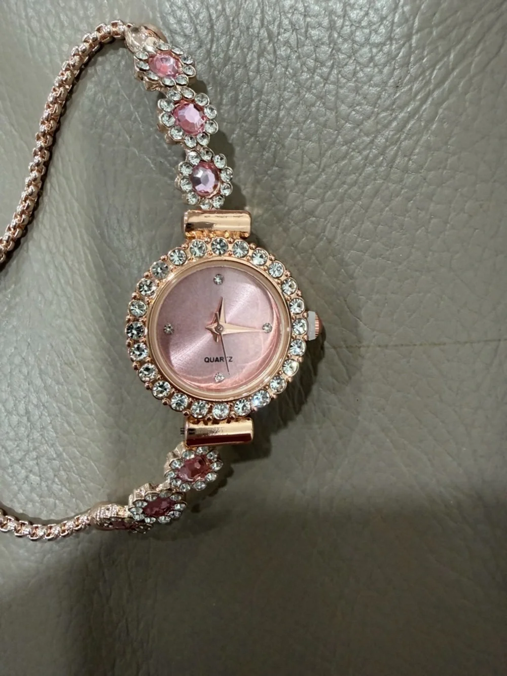 Rose Gold Pink Crystal Bracelet Watch Elegant Adjustable Jewelry